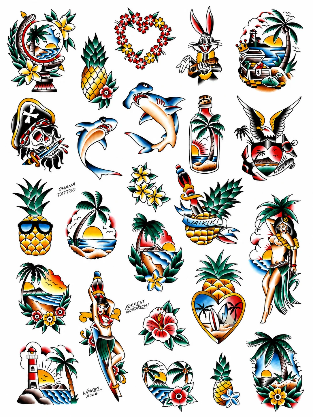 Large American Traditional flash sheet by Forrest Goodrich — pineapples, sharks, pirate skull, globe, lighthouse, hula pinup, treasure chest, Waikiki lettering. Hand-painted 2026 collection at Ohana Tattoo Waikiki, Hawaii.
