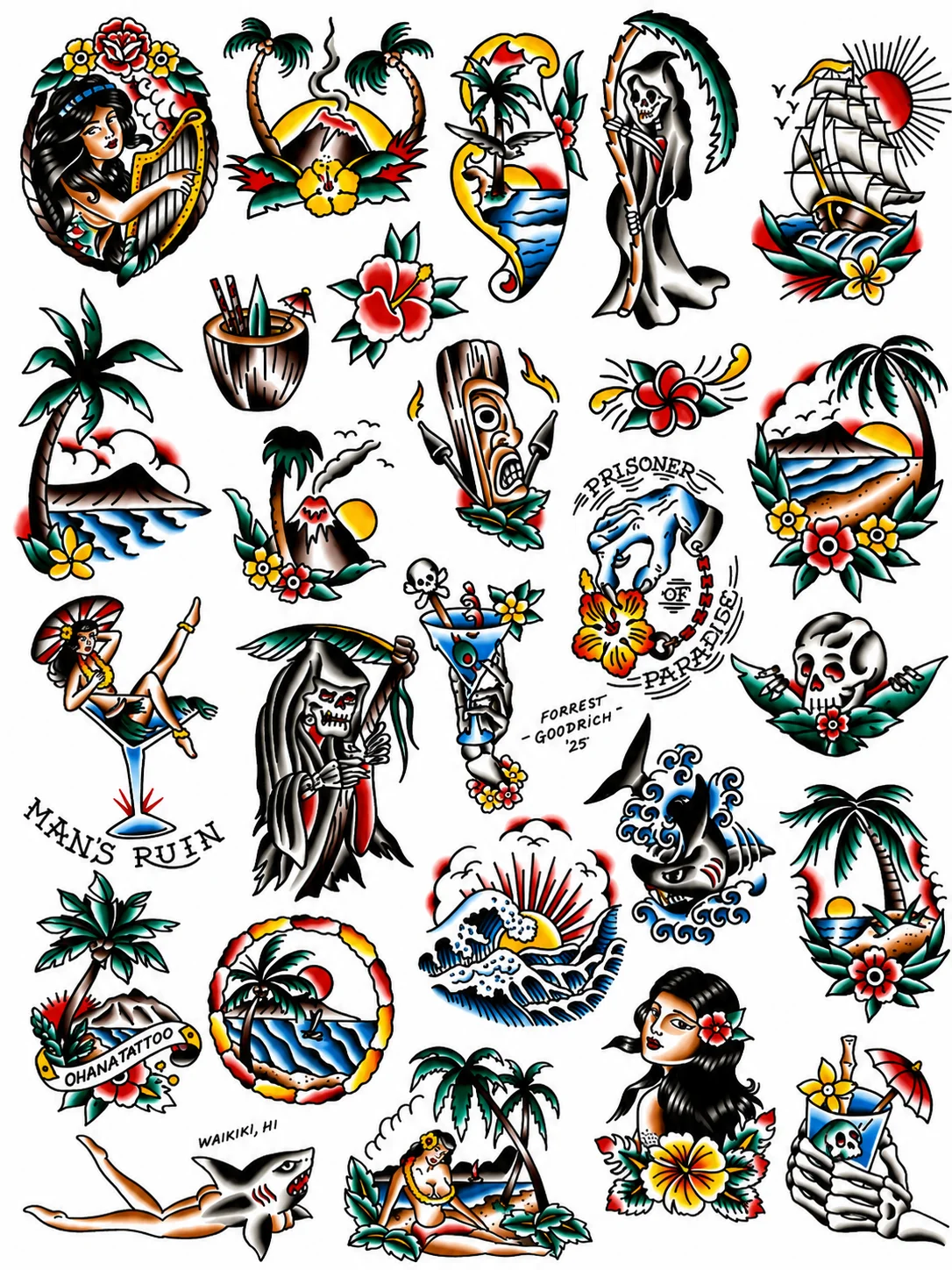 Dark Traditional flash sheet by Forrest Goodrich — gypsy with harp, volcano, grim reaper, tiki mask, Man's Ruin pinup in martini glass, Prisoner of Paradise emblem, sailing ship, panther. Hand-painted 2025 collection at Ohana Tattoo Waikiki, Hawaii.