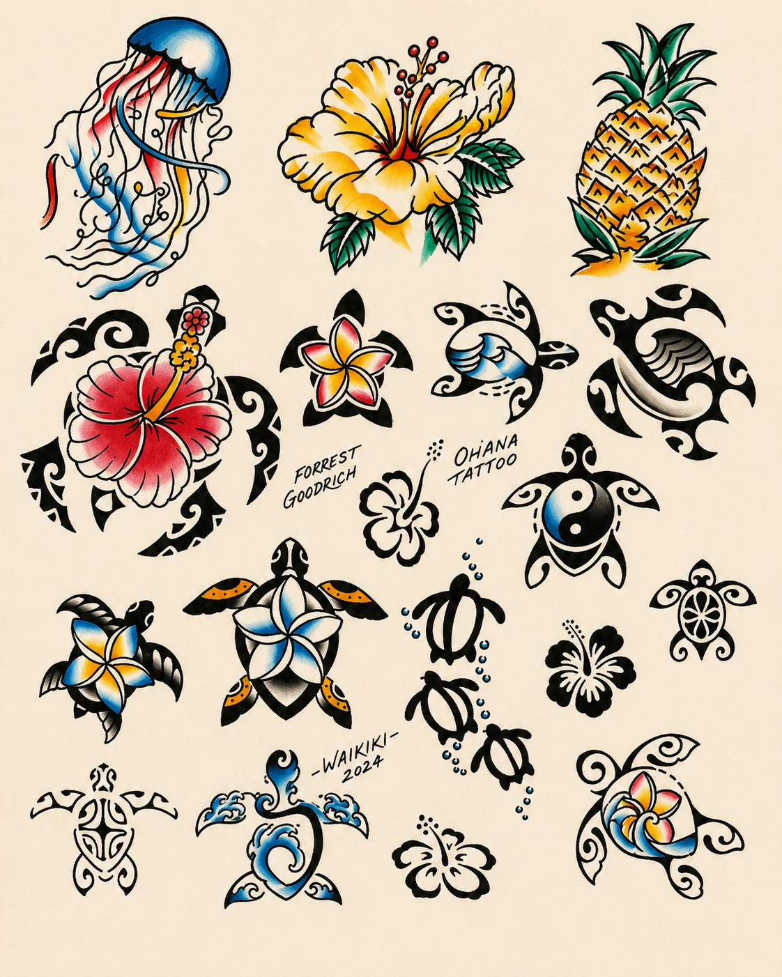 Hand-painted Hawaiian flash sheet by Forrest Goodrich at Ohana Tattoo Waikiki — jellyfish, hibiscus, pineapple, tribal honu (sea turtles), and traditional Polynesian sea turtle designs in classic American Traditional style. Hawaii walk-in tattoo flash.