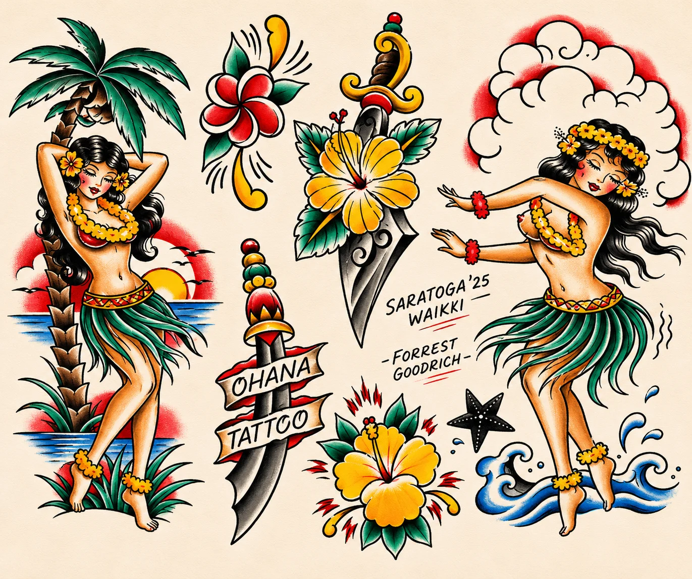American Traditional flash sheet by Forrest Goodrich — two hula girl pinups, ceremonial daggers, yellow hibiscus, plumeria, Ohana Tattoo banner. Hand-painted Saratoga '25 collection at Ohana Tattoo Waikiki, Hawaii.