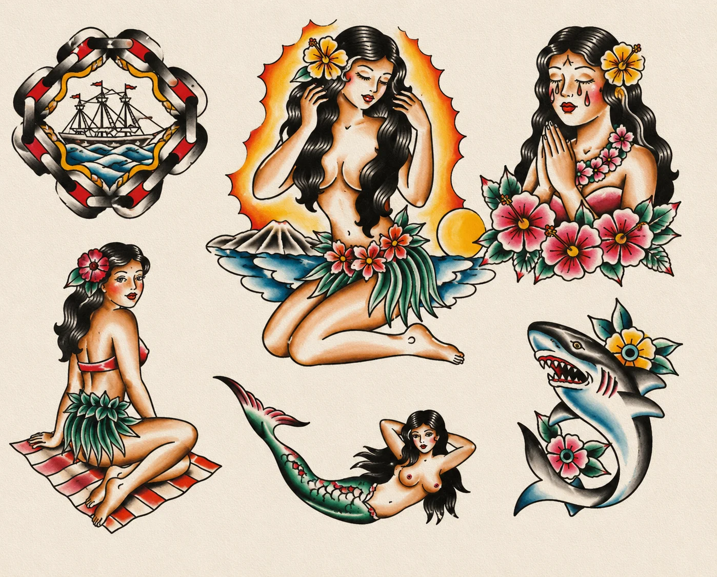 Traditional flash sheet by Forrest Goodrich — sailing ship in chain frame, three hula girls (kneeling, seated, lying), mermaid, great white shark with hibiscus, crying pinup with flower lei. Hand-painted black and color flash at Ohana Tattoo Waikiki, Hawaii.