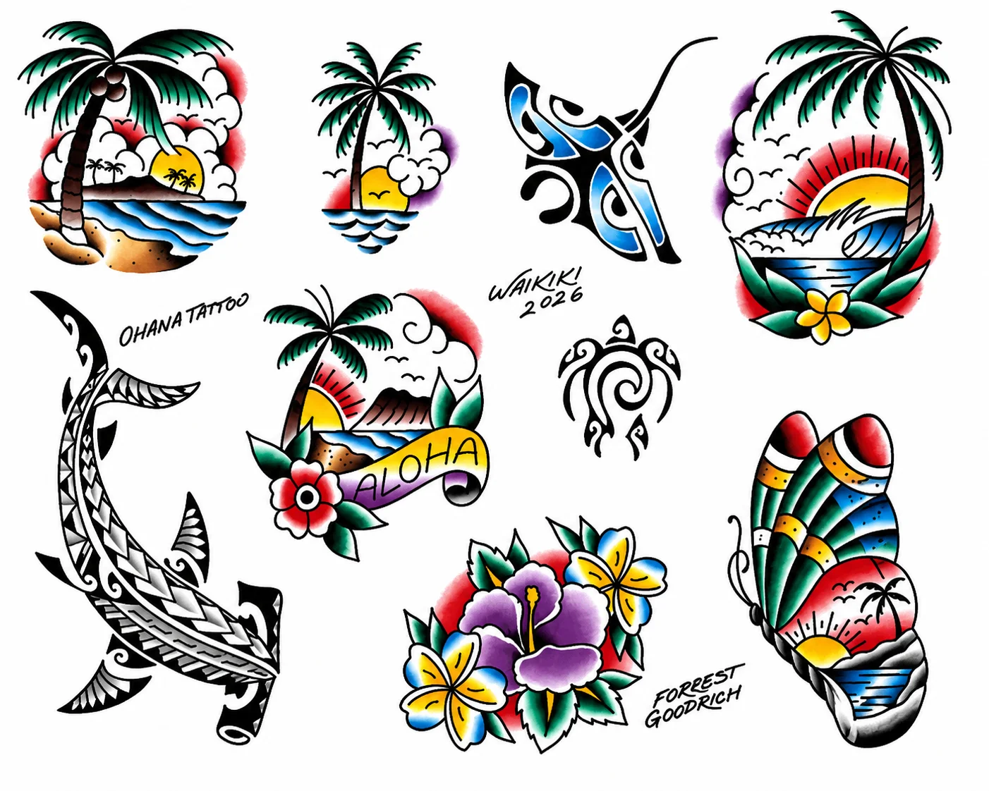 Hand-painted Hawaiian flash by Forrest Goodrich — palm tree sunsets, tribal shark, tribal manta ray, Aloha banner, Diamond Head, butterfly with island scene. Walk-in flash at Ohana Tattoo Waikiki, Hawaii.