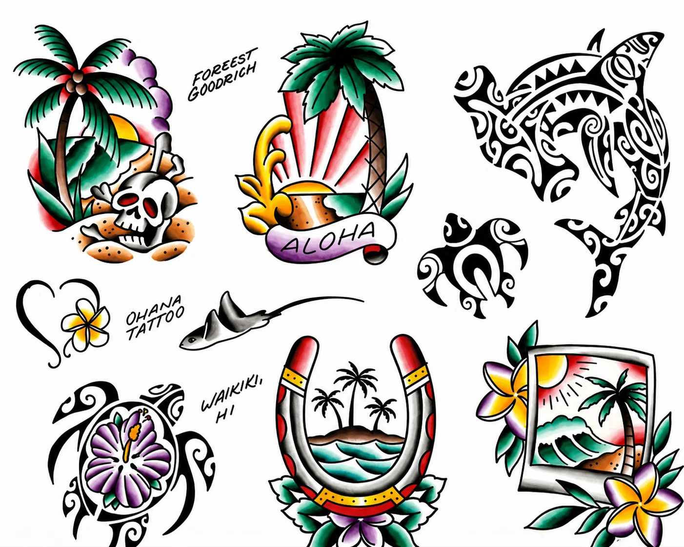 American Traditional flash sheet by Forrest Goodrich — skull and crossbones with palm, sunset Aloha banner, Polynesian tribal shark, tribal honu, lucky horseshoe with palms, plumeria photo frame. Walk-in tattoo flash at Ohana Tattoo Waikiki, Hawaii.