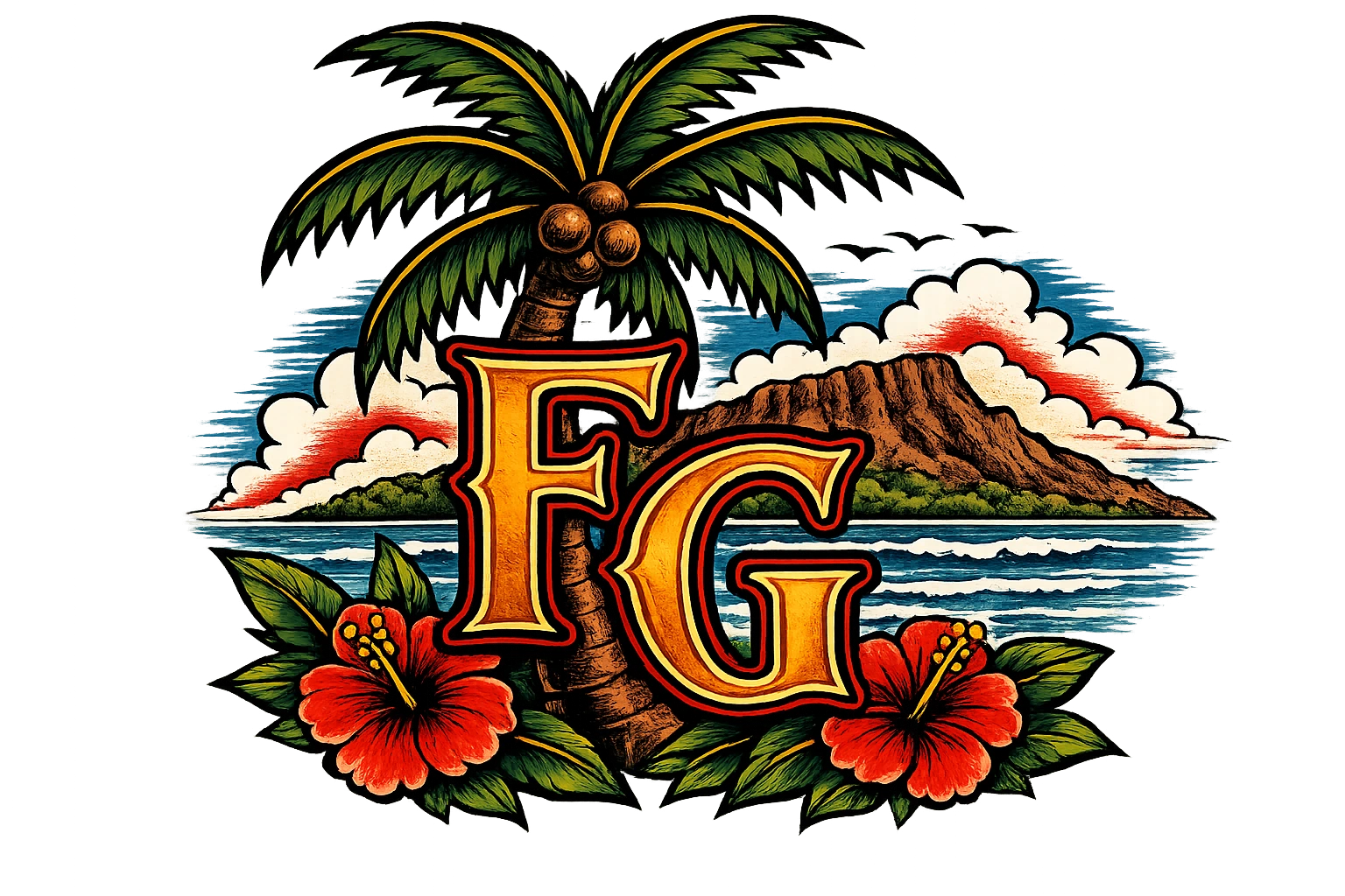 Forrest Goodrich FG palm tree logo — American Traditional Hawaiian tattoo · Ohana Tattoo Waikiki